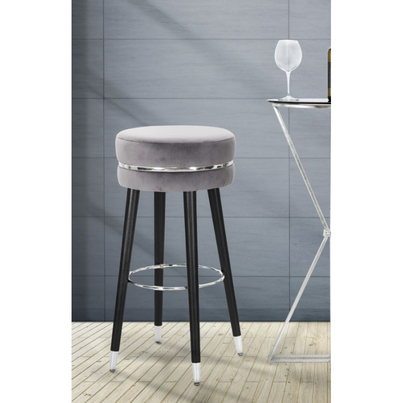 Tabouret de bar moderne rond en Velours Gris Métal Argenté Noir Paris 
