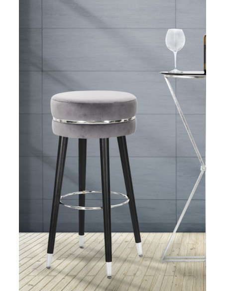 Tabouret de bar moderne rond en Velours Gris Métal Argenté Noir Paris 