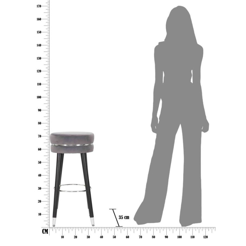 Tabouret de bar moderne rond en Velours Gris Métal Argenté Noir Paris 