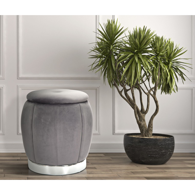 Pouf moderne avec coffre de rangement Rond en Velours Gris Argenté Paris 
