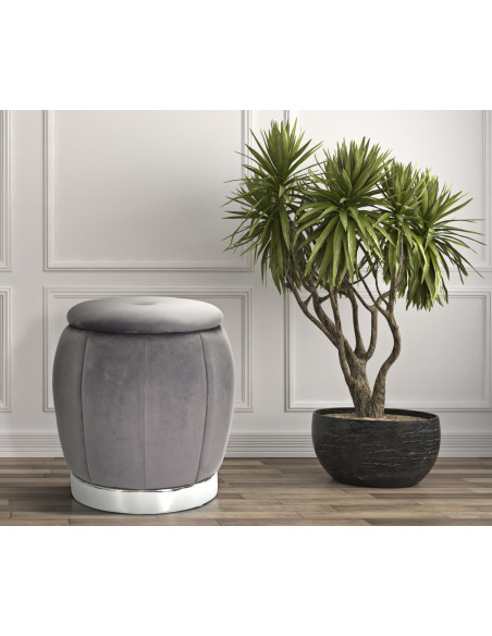 Pouf moderne avec coffre de rangement Rond en Velours Gris Argenté Paris 