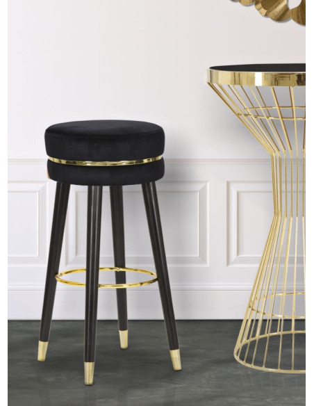 Tabouret de bar moderne rond en Velours Noir Métal Doré Noir Paris Mauro Ferretti - 2
