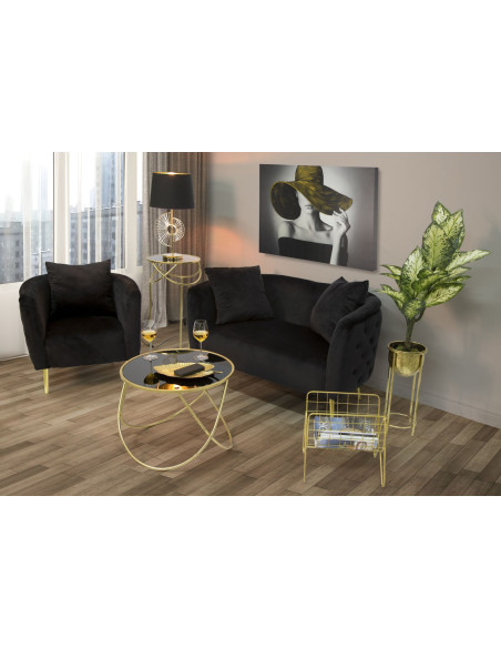 Canapé moderne Droit 2 places en Velours Blanc crème Capitonné Métal Doré Bois Bucarest 
