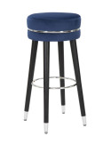 Tabouret de bar moderne rond en Velours Bleu Métal Argenté Noir Paris