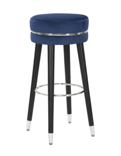 Tabouret de bar moderne rond en Velours Bleu Métal Argenté Noir Paris 