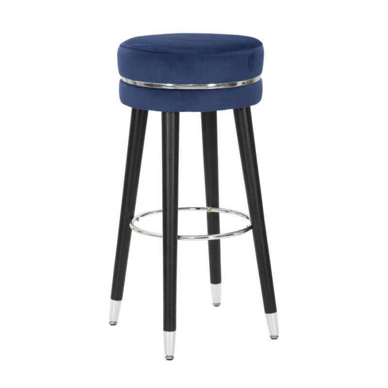 Tabouret de bar moderne rond en Velours Bleu Métal Argenté Noir Paris 