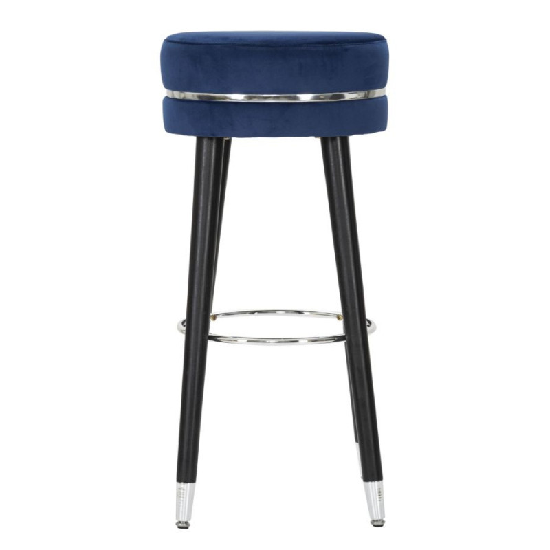 Tabouret de bar moderne rond en Velours Bleu Métal Argenté Noir Paris 