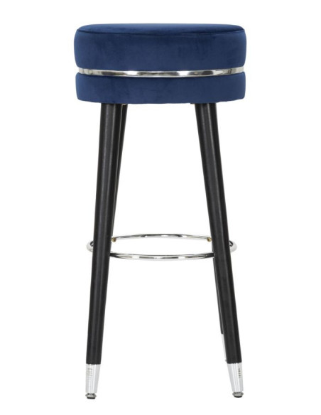 Tabouret de bar moderne rond en Velours Bleu Métal Argenté Noir Paris 