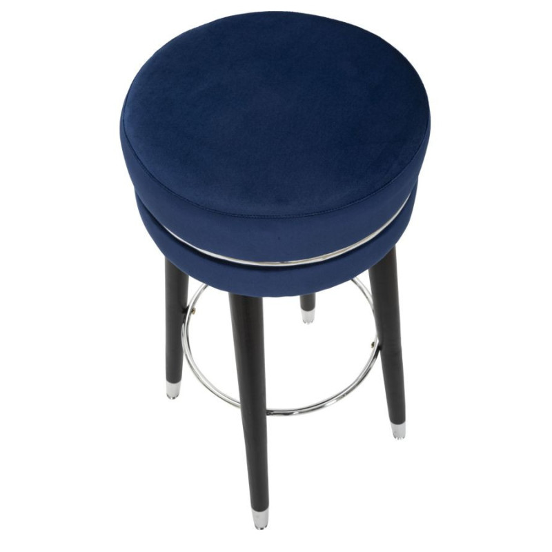 Tabouret de bar moderne rond en Velours Bleu Métal Argenté Noir Paris 