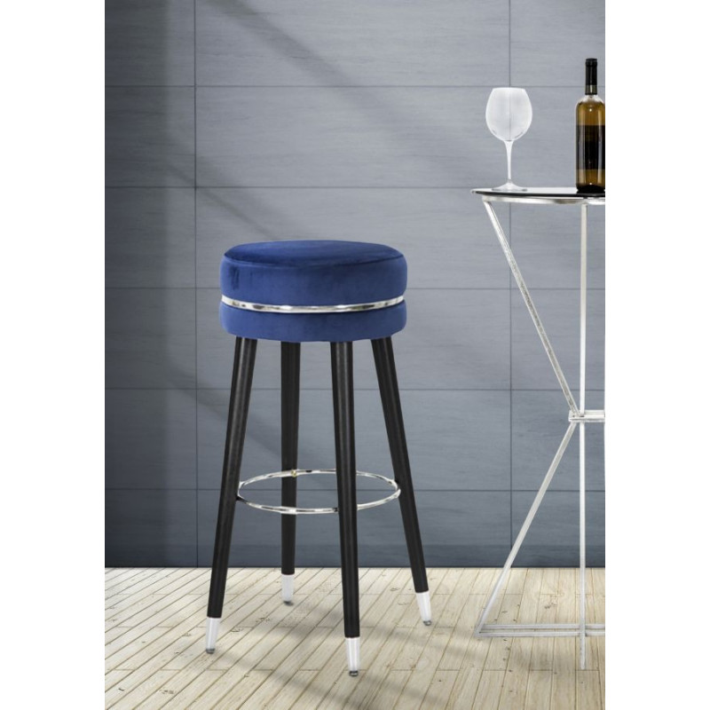 Tabouret de bar moderne rond en Velours Bleu Métal Argenté Noir Paris 