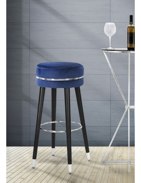 Tabouret de bar moderne rond en Velours Bleu Métal Argenté Noir Paris 
