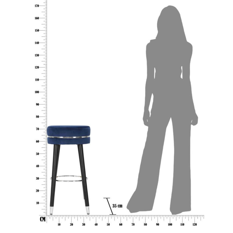 Tabouret de bar moderne rond en Velours Bleu Métal Argenté Noir Paris 