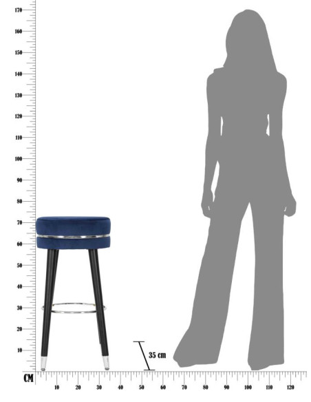 Tabouret de bar moderne rond en Velours Bleu Métal Argenté Noir Paris 