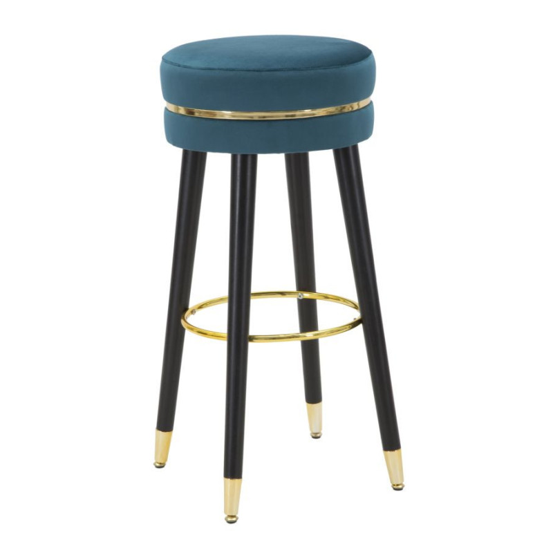 Tabouret de bar moderne rond en Velours Bleu canard Métal Doré Noir Paris Mauro Ferretti - 1