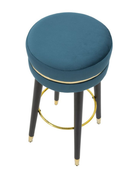 Tabouret de bar moderne rond en Velours Bleu canard Métal Doré Noir Paris Mauro Ferretti - 3