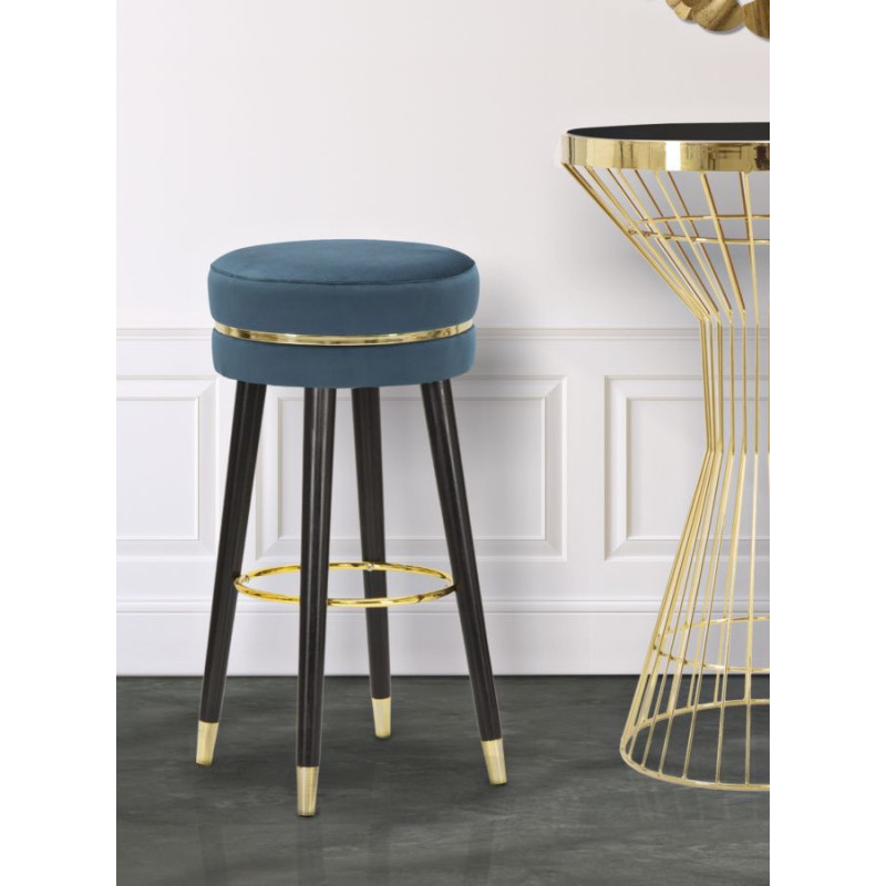 Tabouret de bar moderne rond en Velours Bleu canard Métal Doré Noir Paris Mauro Ferretti - 6
