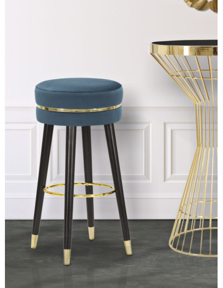 Tabouret de bar moderne rond en Velours Bleu canard Métal Doré Noir Paris Mauro Ferretti - 6