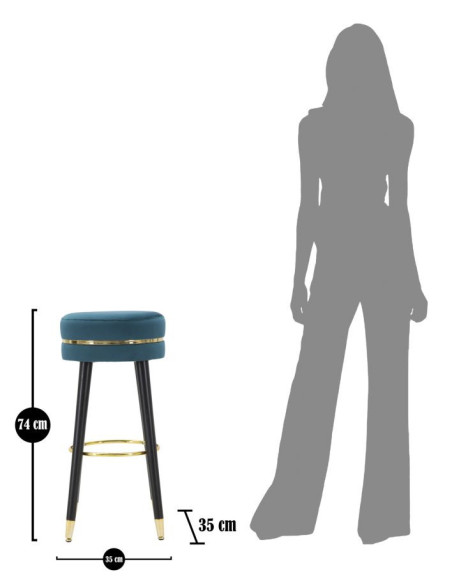 Tabouret de bar moderne rond en Velours Bleu canard Métal Doré Noir Paris Mauro Ferretti - 7