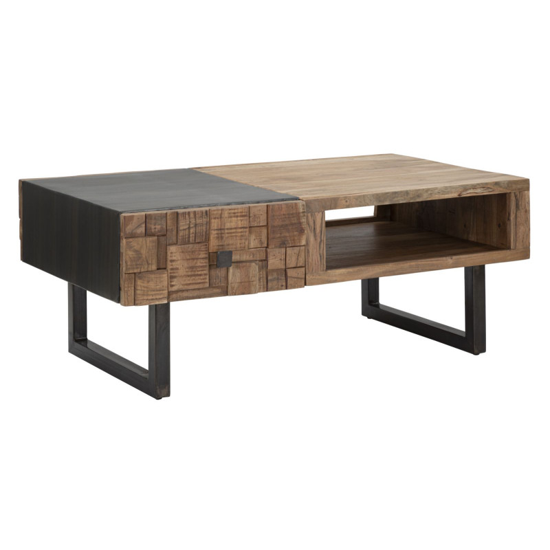 Table basse moderne 2 tiroirs 1 niche en Bois d'acacia Marron Métal Noir Mumbai 