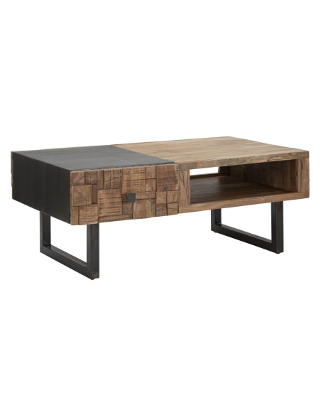 Table basse moderne 2 tiroirs 1 niche en Bois d'acacia Marron Métal Noir Mumbai 