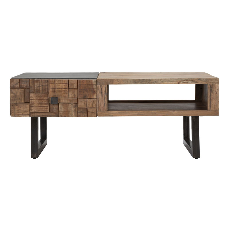 Table basse moderne 2 tiroirs 1 niche en Bois d'acacia Marron Métal Noir Mumbai 