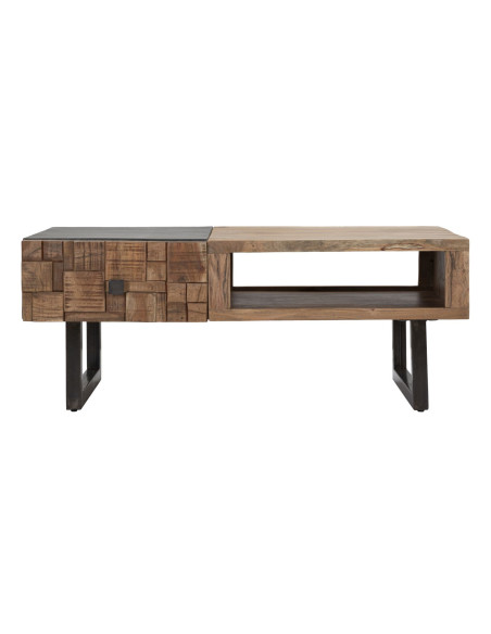 Table basse moderne 2 tiroirs 1 niche en Bois d'acacia Marron Métal Noir Mumbai 