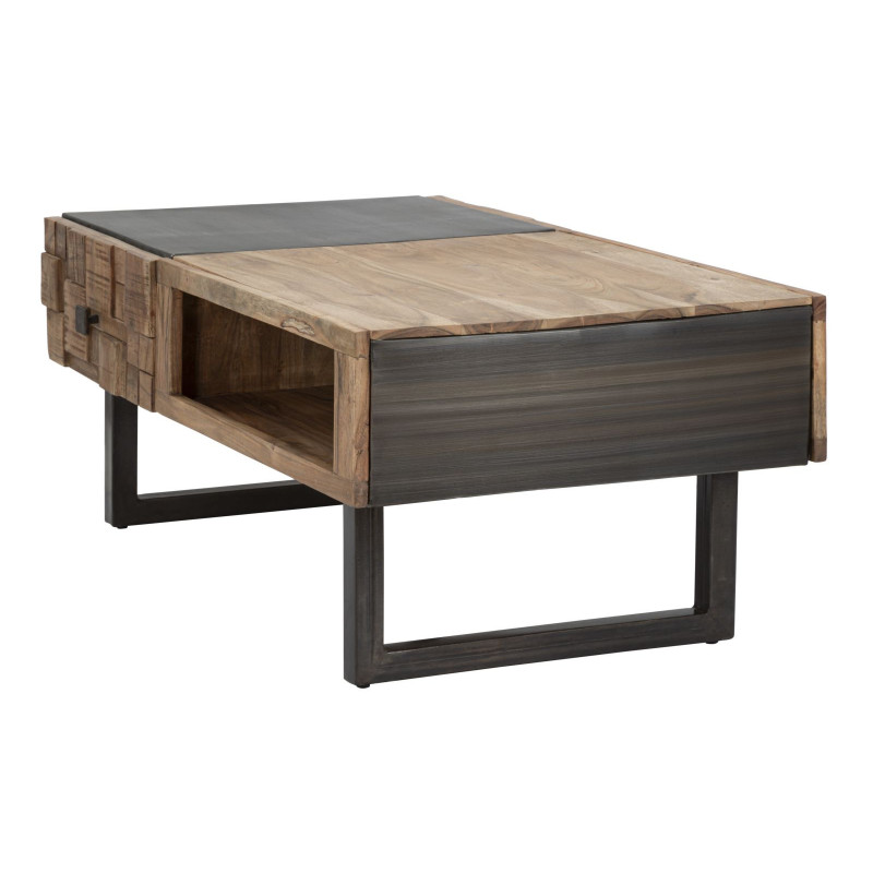 Table basse moderne 2 tiroirs 1 niche en Bois d'acacia Marron Métal Noir Mumbai 