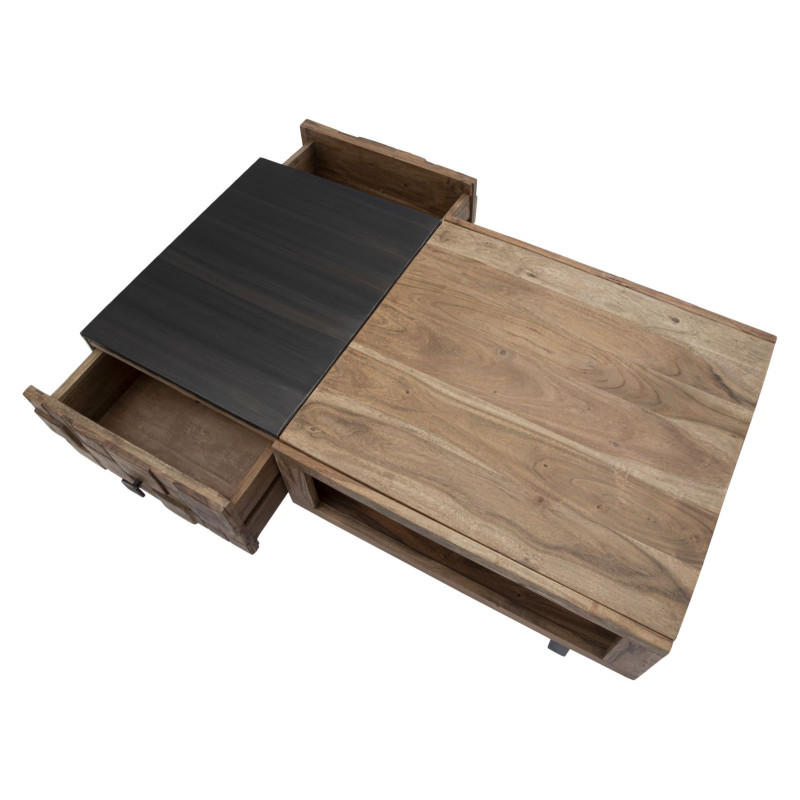 Table basse moderne 2 tiroirs 1 niche en Bois d'acacia Marron Métal Noir Mumbai 