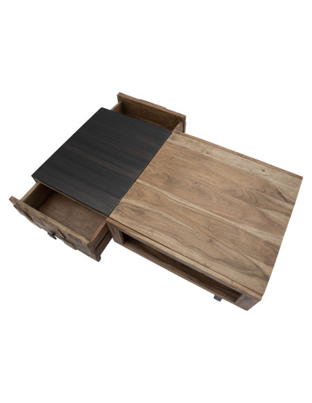 Table basse moderne 2 tiroirs 1 niche en Bois d'acacia Marron Métal Noir Mumbai 