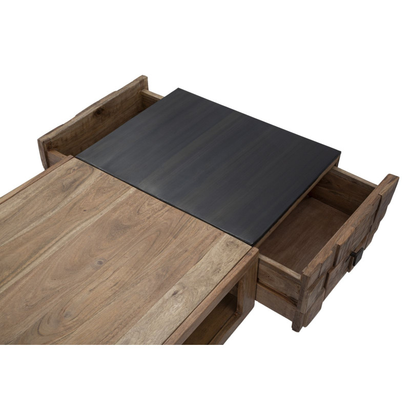 Table basse moderne 2 tiroirs 1 niche en Bois d'acacia Marron Métal Noir Mumbai 