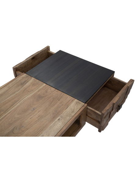 Table basse moderne 2 tiroirs 1 niche en Bois d'acacia Marron Métal Noir Mumbai 