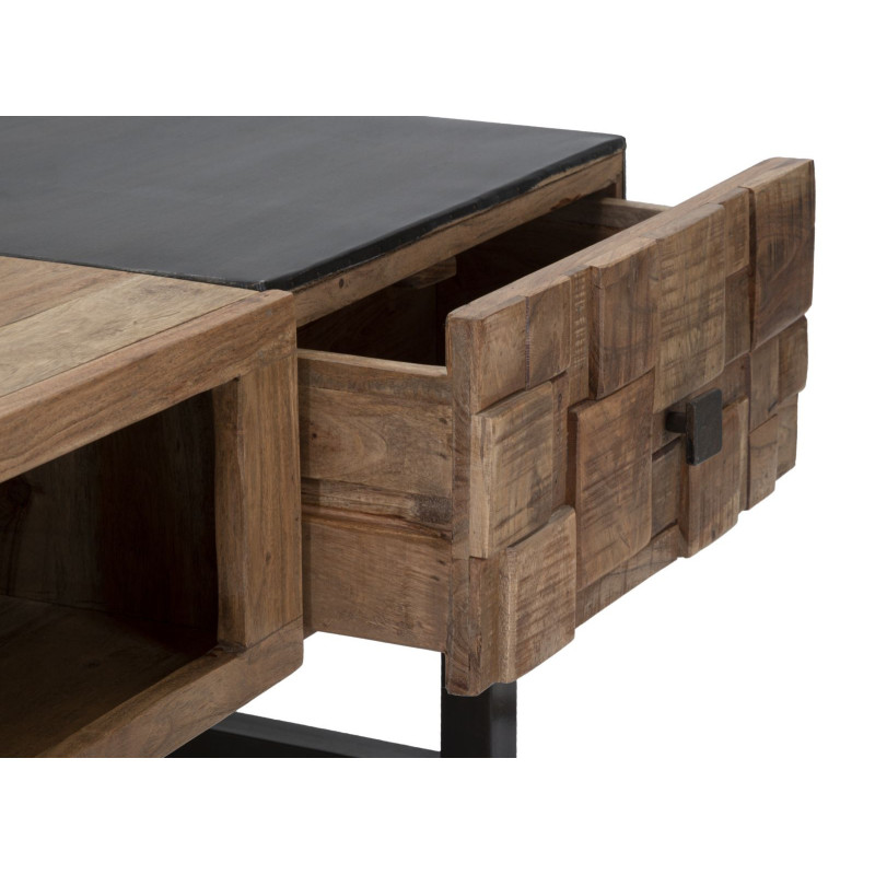 Table basse moderne 2 tiroirs 1 niche en Bois d'acacia Marron Métal Noir Mumbai 