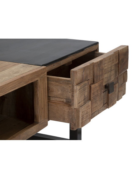 Table basse moderne 2 tiroirs 1 niche en Bois d'acacia Marron Métal Noir Mumbai 