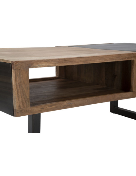 Table basse moderne 2 tiroirs 1 niche en Bois d'acacia Marron Métal Noir Mumbai 