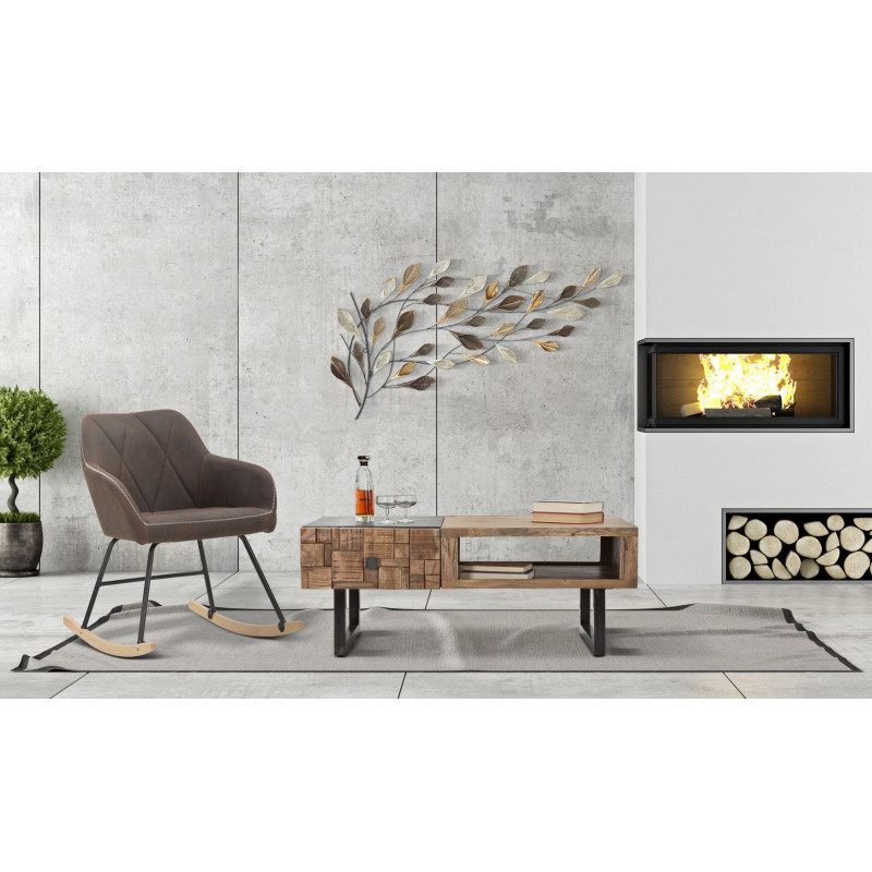 Table basse moderne 2 tiroirs 1 niche en Bois d'acacia Marron Métal Noir Mumbai 