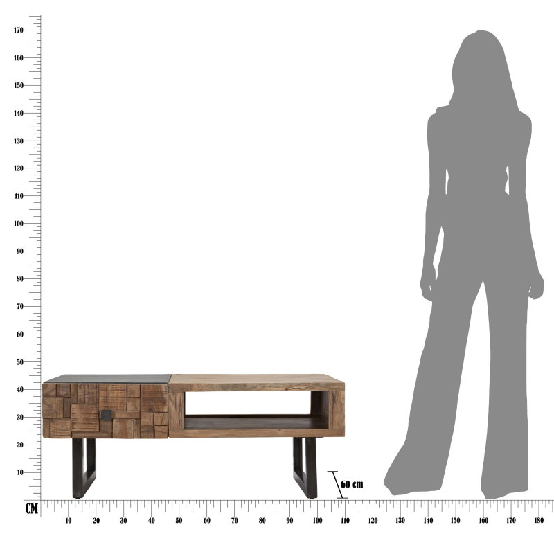 Table basse moderne 2 tiroirs 1 niche en Bois d'acacia Marron Métal Noir Mumbai 
