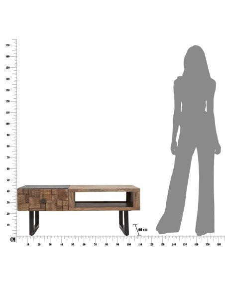 Table basse moderne 2 tiroirs 1 niche en Bois d'acacia Marron Métal Noir Mumbai 