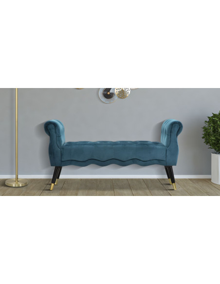 Banquette moderne 2 places en Velours Bleu canard Capitonné Métal Doré Noir Paris 