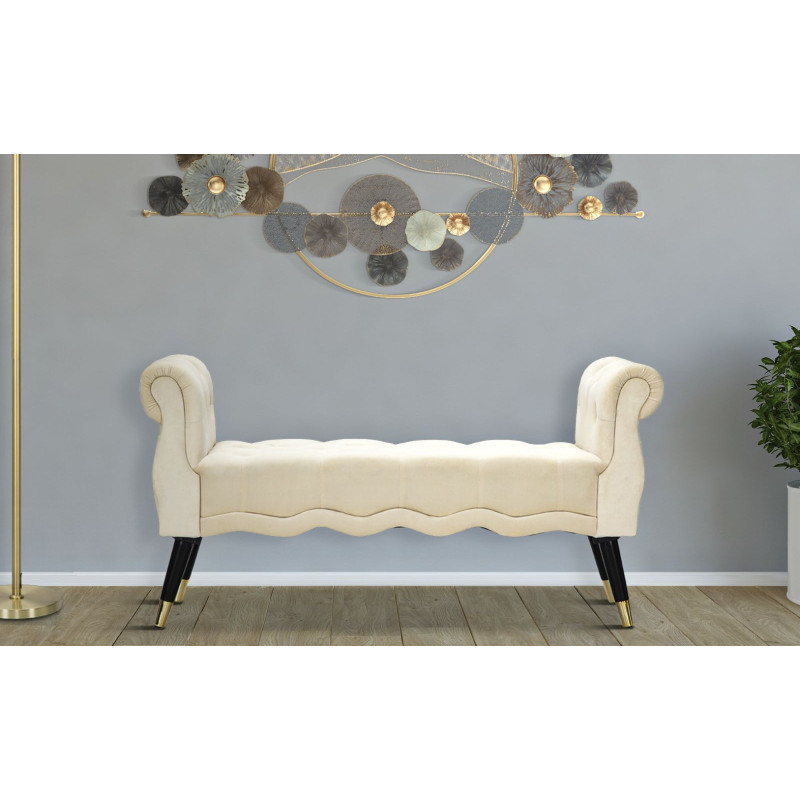 Banquette moderne 2 places en Velours Blanc crème Capitonné Métal Doré Noir Paris 