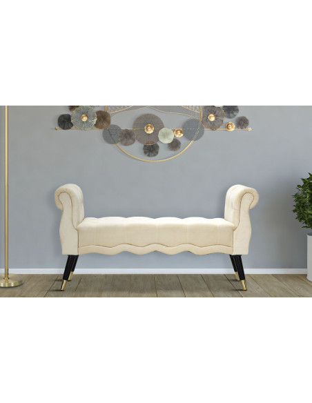 Banquette moderne 2 places en Velours Blanc crème Capitonné Métal Doré Noir Paris 