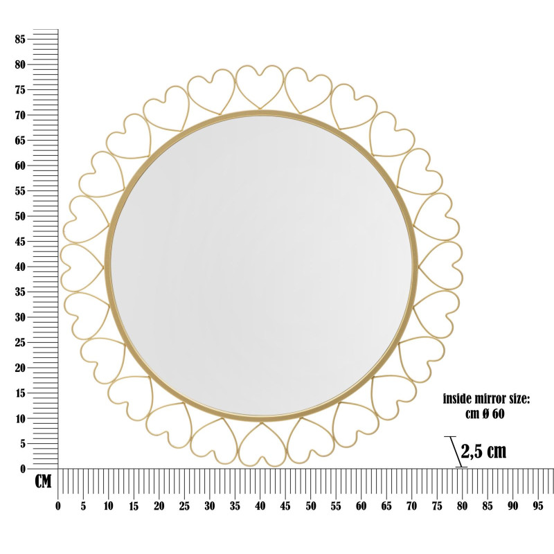 Miroir mural original Coeurs XL Rond 80x80 en Métal Doré Hearts 