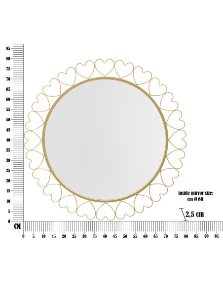 Miroir mural original Coeurs XL Rond 80x80 en Métal Doré Hearts 