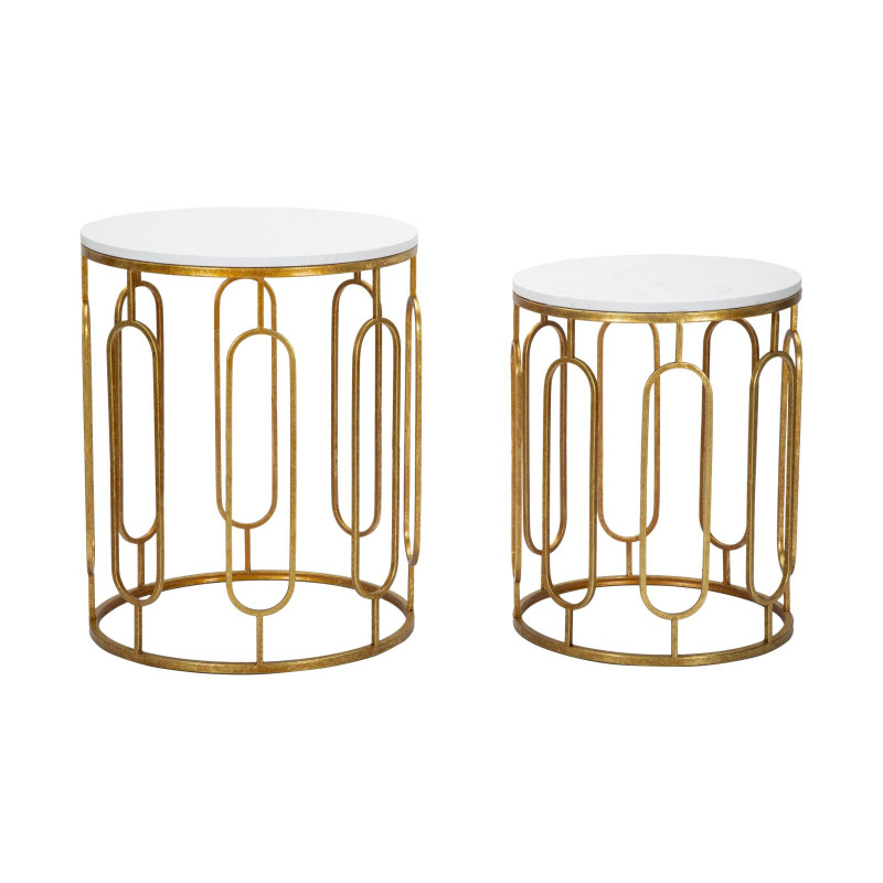 Table d'appoint moderne Ronde en Marbre Blanc Métal Doré Tory (Lot de 2) 