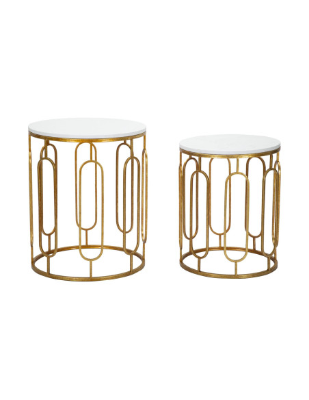 Table d'appoint moderne Ronde en Marbre Blanc Métal Doré Tory (Lot de 2) 