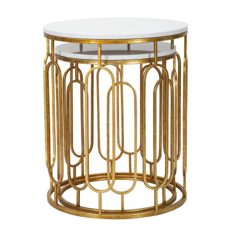 Table d'appoint moderne Ronde en Marbre Blanc Métal Doré Tory (Lot de 2) 