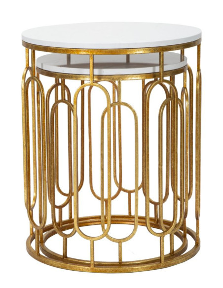 Table d'appoint moderne Ronde en Marbre Blanc Métal Doré Tory (Lot de 2) 