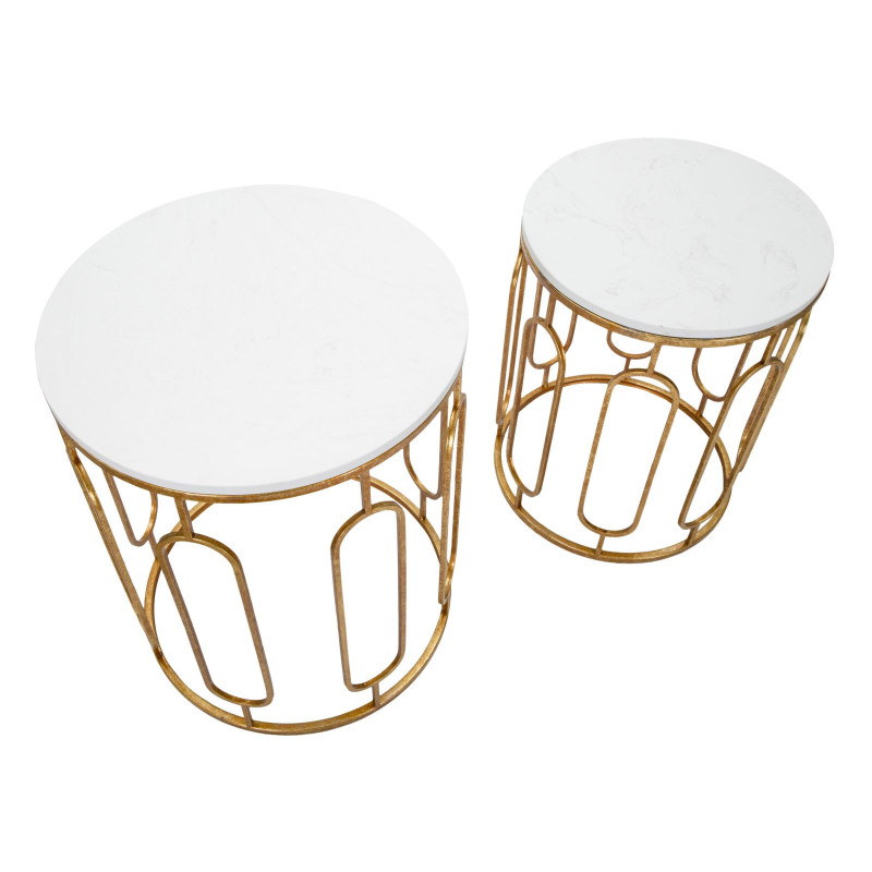 Table d'appoint moderne Ronde en Marbre Blanc Métal Doré Tory (Lot de 2) 