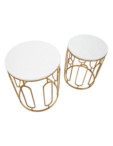 Table d'appoint moderne Ronde en Marbre Blanc Métal Doré Tory (Lot de 2) 