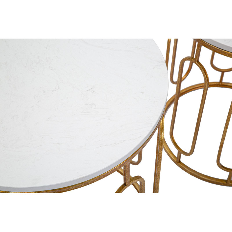 Table d'appoint moderne Ronde en Marbre Blanc Métal Doré Tory (Lot de 2) 