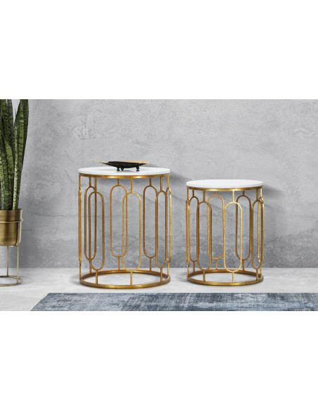 Table d'appoint moderne Ronde en Marbre Blanc Métal Doré Tory (Lot de 2) 